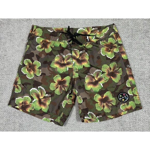 Maui And‎ Sons Swim Trunks Mens 30 Green Camo Floral Hawaiian Ripstop Beach - Picture 1 of 10